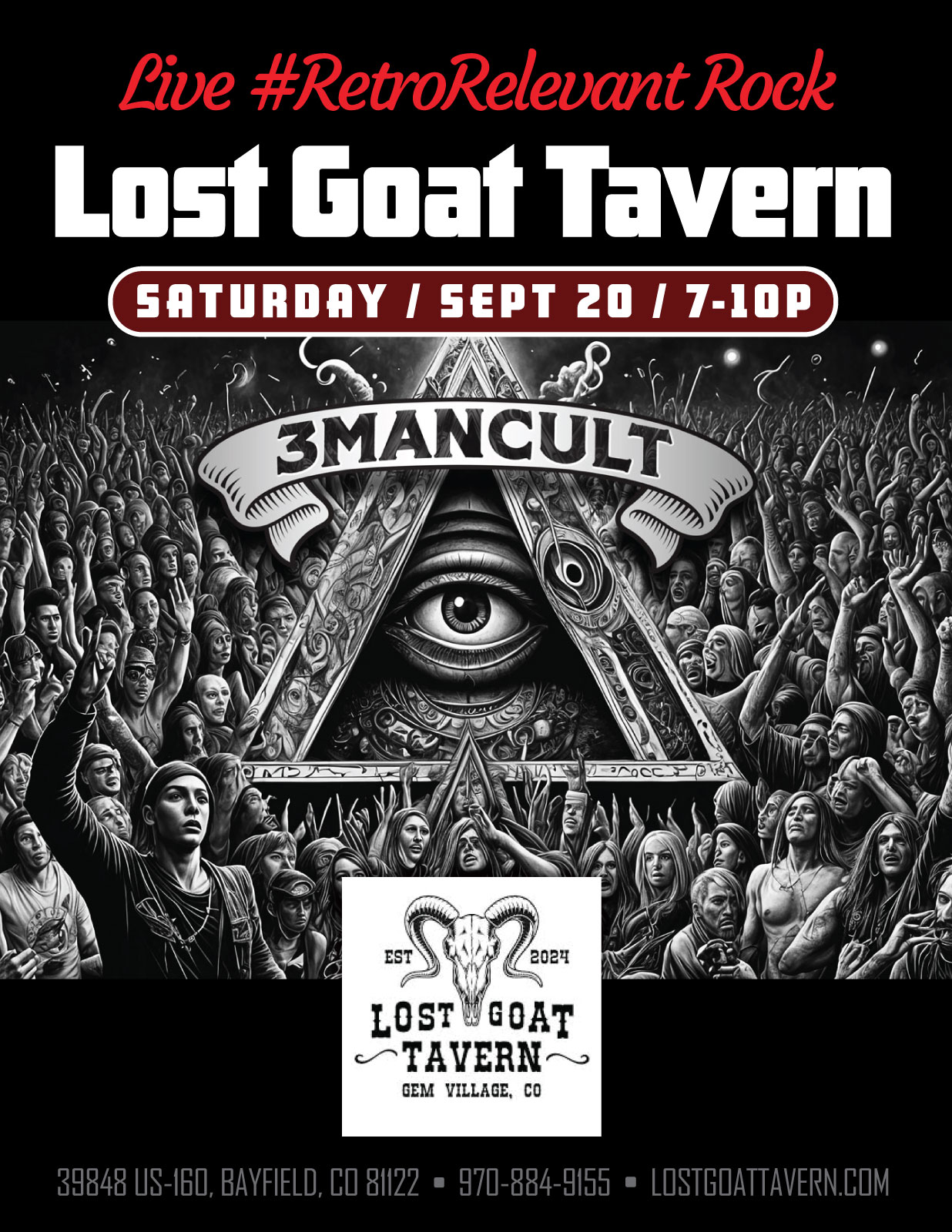 3ManCult promo flier, Live at Lost Goat Tavern, Bayfield, CO, on Sept. 20